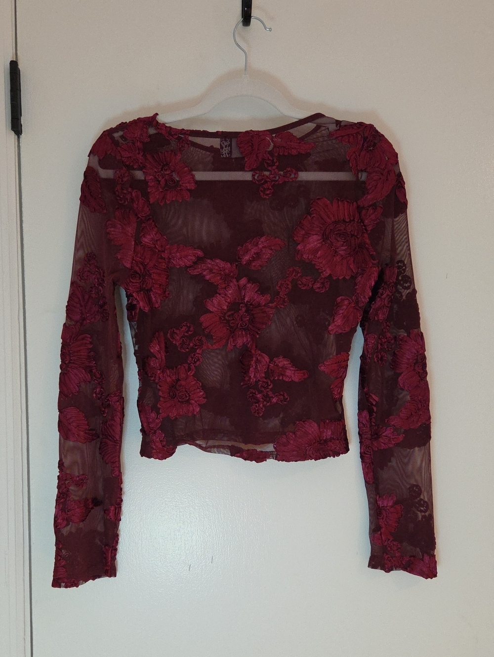 ASOS DESIGN Floral Mesh Long Sleeve Top in Red & Black Size 6 - Picture 2 of 4
